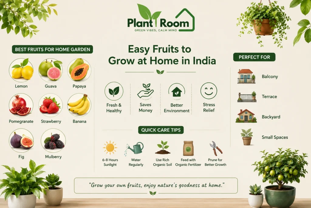 Easy fruits to grow at home in India infographic showing lemon, guava, papaya, banana, strawberry and gardening tips
