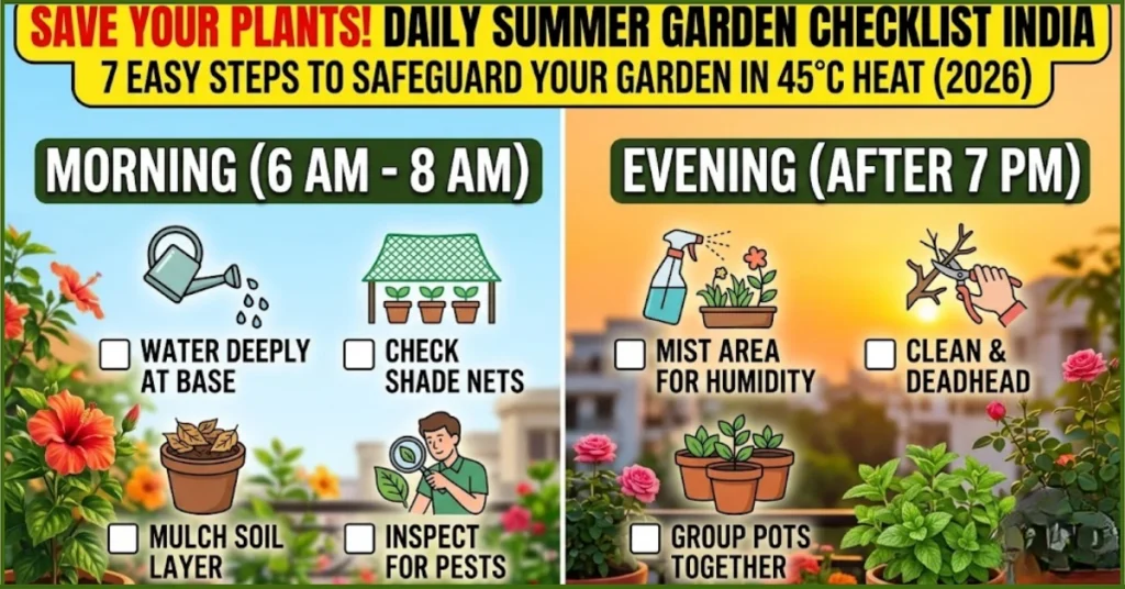 Daily Summer Garden Checklist India Infographic showing Morning and Evening tasks