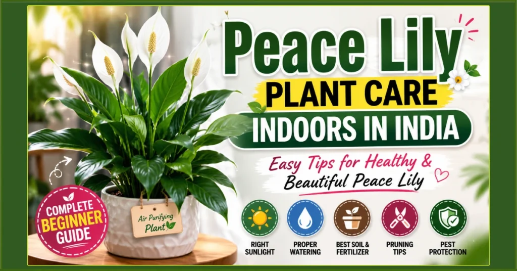 Peace Lily Plant Care Indoors in India with tips for watering, sunlight, soil, fertilizer, pruning, and pest care.