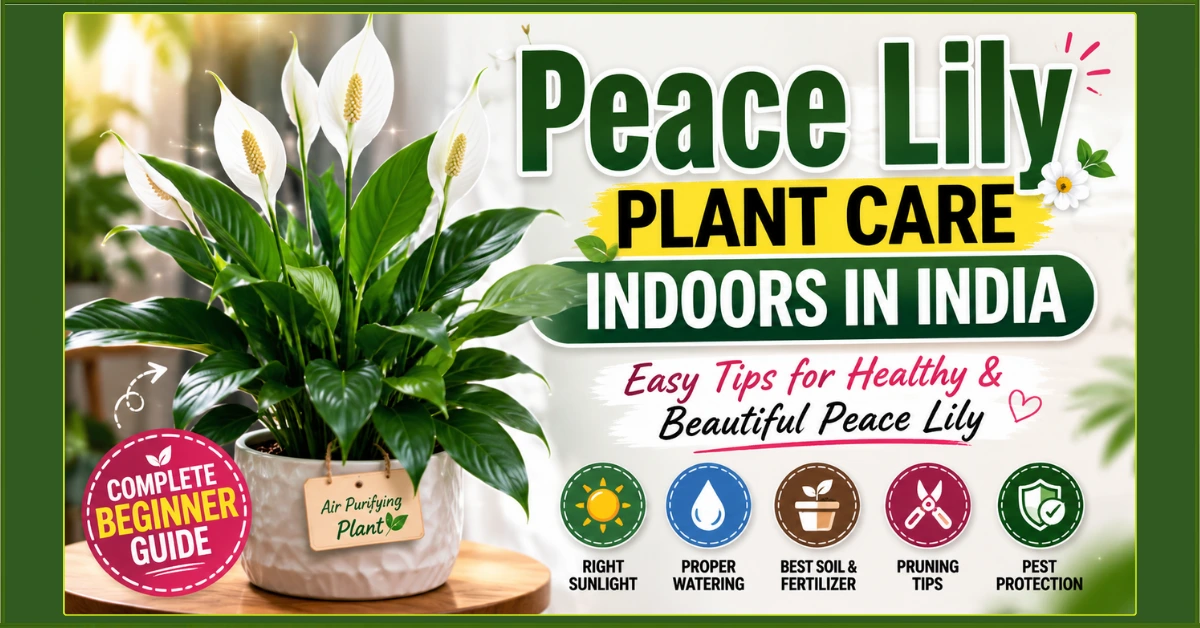 Peace Lily Plant Care Indoors in India with tips for watering, sunlight, soil, fertilizer, pruning, and pest care.